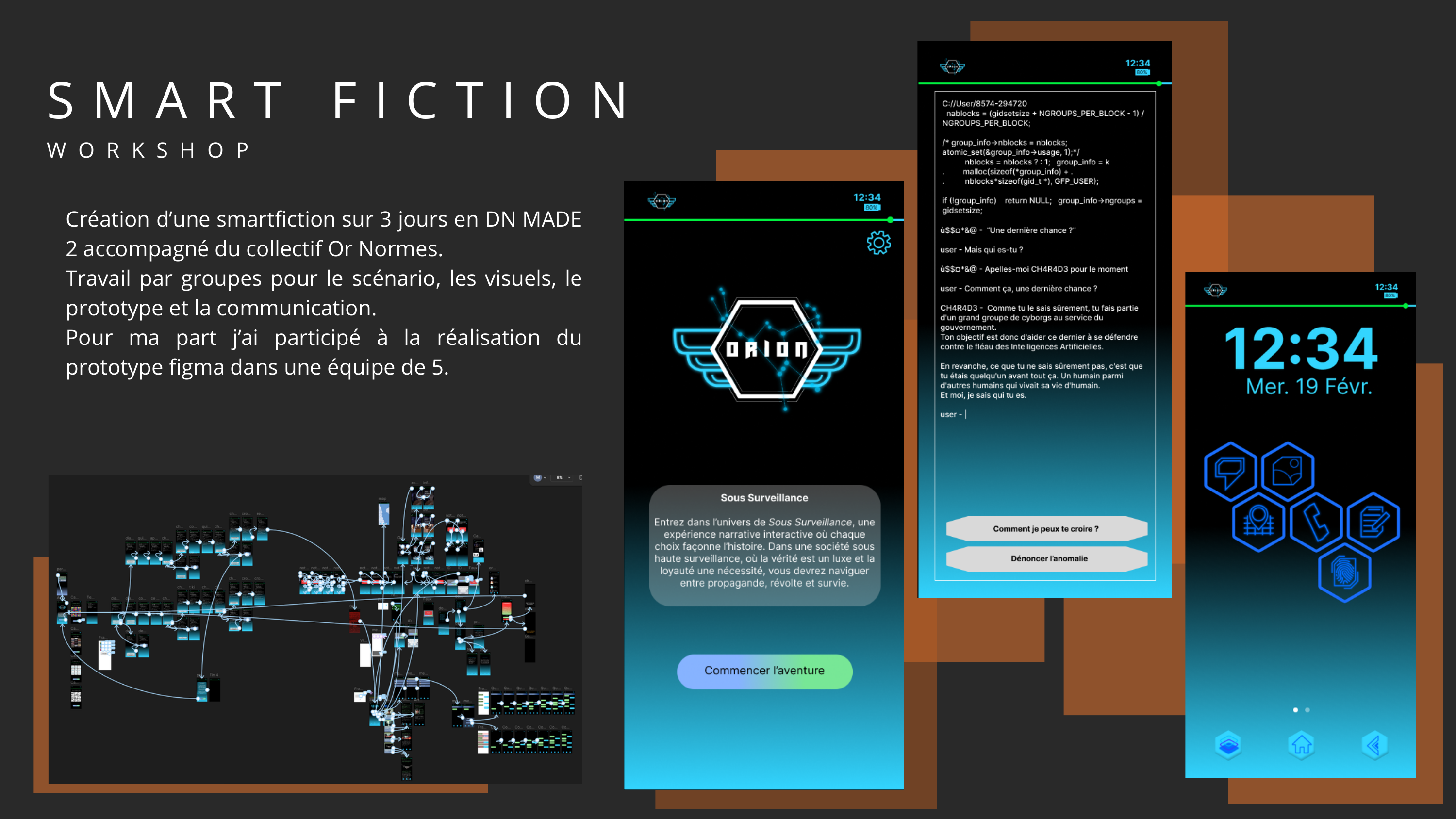 Smart Fiction — Workshop avec le collectif Or Normes, prototype Figma de l'app Orion.