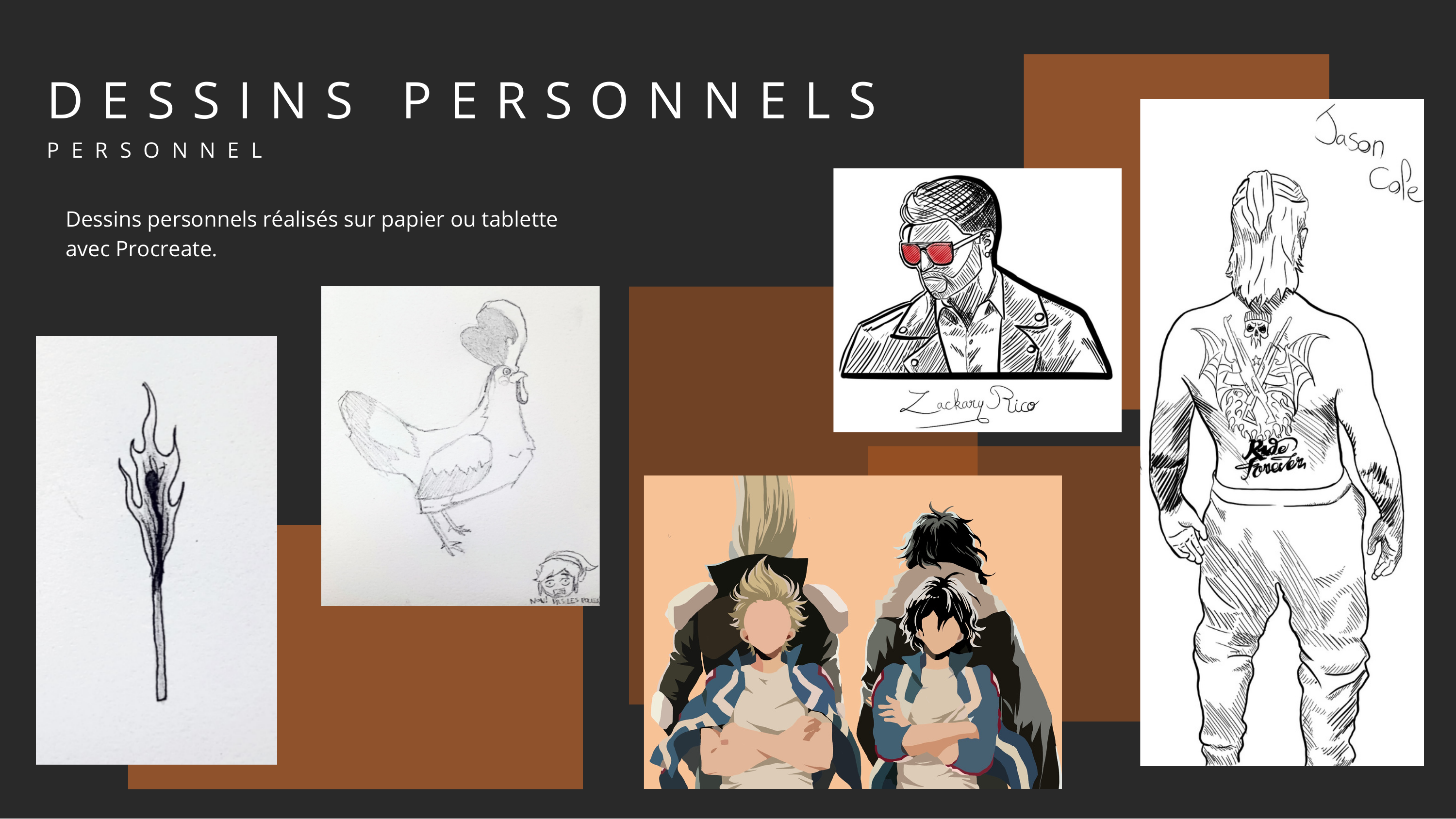 Dessins personnels — papier et Procreate.